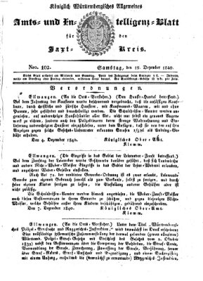 Allgemeines Amts- und Intelligenz-Blatt für den Jaxt-Kreis Samstag 19. Dezember 1840