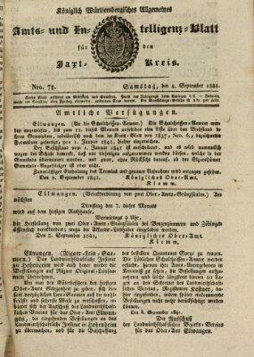 Allgemeines Amts- und Intelligenz-Blatt für den Jaxt-Kreis Samstag 4. September 1841