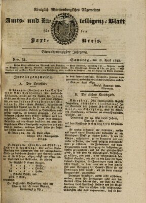 Allgemeines Amts- und Intelligenz-Blatt für den Jaxt-Kreis Samstag 16. April 1842