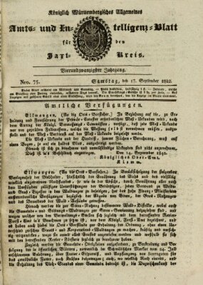 Allgemeines Amts- und Intelligenz-Blatt für den Jaxt-Kreis Samstag 17. September 1842