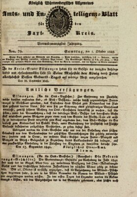 Allgemeines Amts- und Intelligenz-Blatt für den Jaxt-Kreis Samstag 1. Oktober 1842