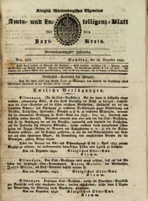 Allgemeines Amts- und Intelligenz-Blatt für den Jaxt-Kreis Samstag 24. Dezember 1842