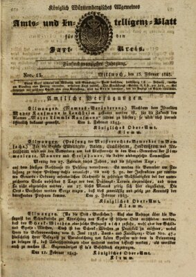 Allgemeines Amts- und Intelligenz-Blatt für den Jaxt-Kreis Mittwoch 15. Februar 1843