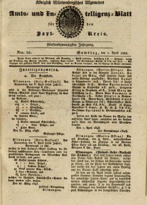 Allgemeines Amts- und Intelligenz-Blatt für den Jaxt-Kreis Samstag 1. April 1843