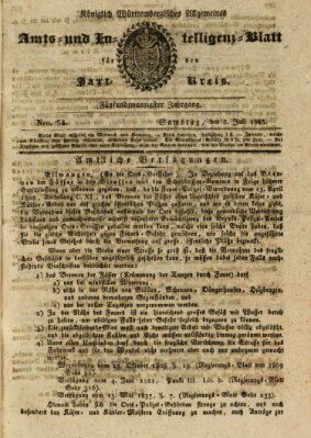 Allgemeines Amts- und Intelligenz-Blatt für den Jaxt-Kreis Samstag 8. Juli 1843