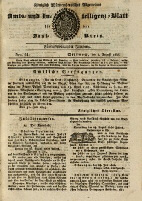 Allgemeines Amts- und Intelligenz-Blatt für den Jaxt-Kreis Mittwoch 2. August 1843