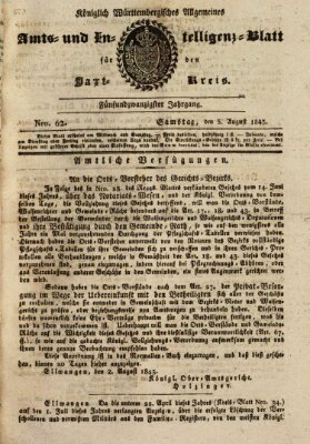 Allgemeines Amts- und Intelligenz-Blatt für den Jaxt-Kreis Samstag 5. August 1843