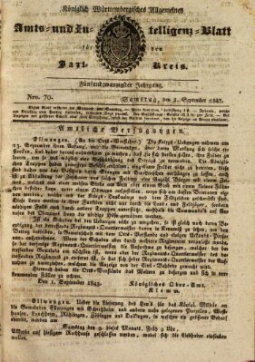 Allgemeines Amts- und Intelligenz-Blatt für den Jaxt-Kreis Samstag 2. September 1843