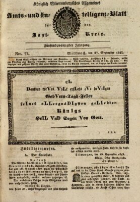 Allgemeines Amts- und Intelligenz-Blatt für den Jaxt-Kreis Mittwoch 27. September 1843