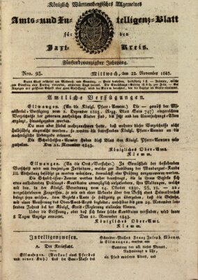 Allgemeines Amts- und Intelligenz-Blatt für den Jaxt-Kreis Mittwoch 22. November 1843