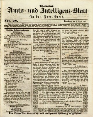 Allgemeines Amts- und Intelligenz-Blatt für den Jaxt-Kreis Samstag 7. April 1849