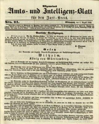 Allgemeines Amts- und Intelligenz-Blatt für den Jaxt-Kreis Mittwoch 1. August 1849