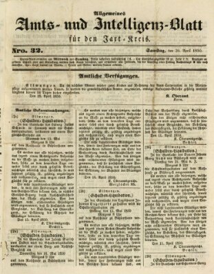 Allgemeines Amts- und Intelligenz-Blatt für den Jaxt-Kreis Samstag 20. April 1850