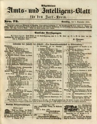 Allgemeines Amts- und Intelligenz-Blatt für den Jaxt-Kreis Samstag 7. September 1850