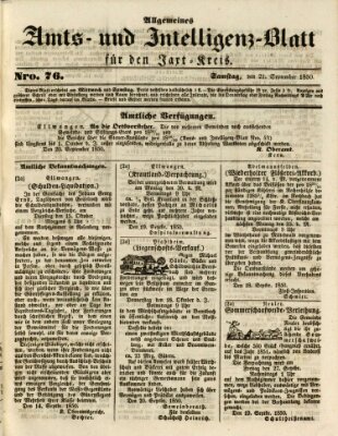 Allgemeines Amts- und Intelligenz-Blatt für den Jaxt-Kreis Samstag 21. September 1850