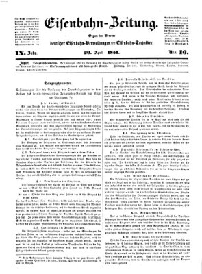 Eisenbahn-Zeitung Sonntag 20. April 1851