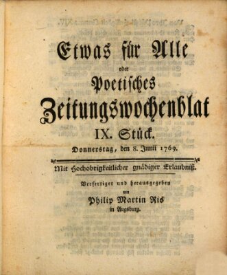 Etwas für alle oder poetisches Zeitungswochenblat Donnerstag 8. Juni 1769