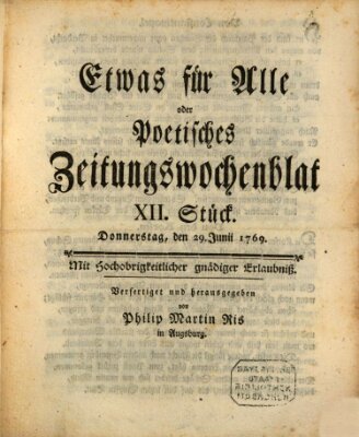 Etwas für alle oder poetisches Zeitungswochenblat Donnerstag 29. Juni 1769