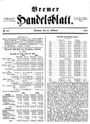 Bremer Handelsblatt Samstag 22. Februar 1862