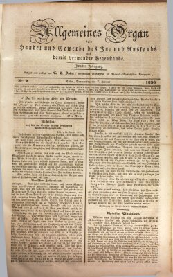Allgemeines Organ für Handel und Gewerbe und damit verwandte Gegenstände Donnerstag 7. Januar 1836