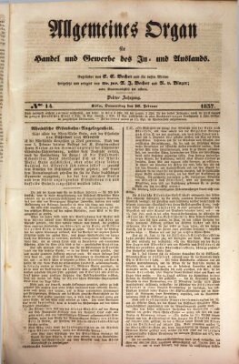 Allgemeines Organ für Handel und Gewerbe und damit verwandte Gegenstände Donnerstag 16. Februar 1837