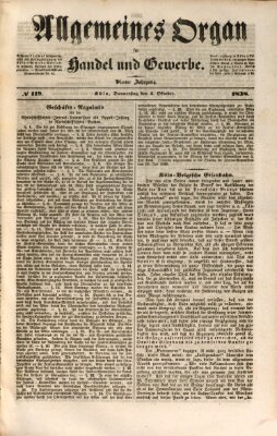 Allgemeines Organ für Handel und Gewerbe und damit verwandte Gegenstände Donnerstag 4. Oktober 1838