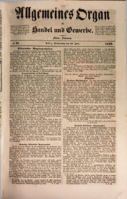 Allgemeines Organ für Handel und Gewerbe und damit verwandte Gegenstände Donnerstag 13. Juni 1839