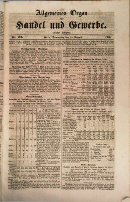 Allgemeines Organ für Handel und Gewerbe und damit verwandte Gegenstände Donnerstag 29. August 1839