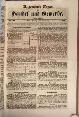 Allgemeines Organ für Handel und Gewerbe und damit verwandte Gegenstände Sonntag 15. September 1839