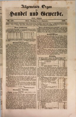 Allgemeines Organ für Handel und Gewerbe und damit verwandte Gegenstände Dienstag 17. September 1839