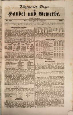 Allgemeines Organ für Handel und Gewerbe und damit verwandte Gegenstände Sonntag 29. September 1839