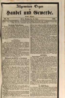 Allgemeines Organ für Handel und Gewerbe und damit verwandte Gegenstände Dienstag 16. Juni 1840