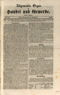 Allgemeines Organ für Handel und Gewerbe und damit verwandte Gegenstände Sonntag 13. September 1840