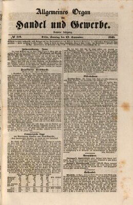 Allgemeines Organ für Handel und Gewerbe und damit verwandte Gegenstände Sonntag 27. September 1840