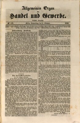 Allgemeines Organ für Handel und Gewerbe und damit verwandte Gegenstände Donnerstag 1. Oktober 1840