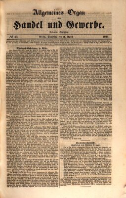 Allgemeines Organ für Handel und Gewerbe und damit verwandte Gegenstände Samstag 3. April 1841