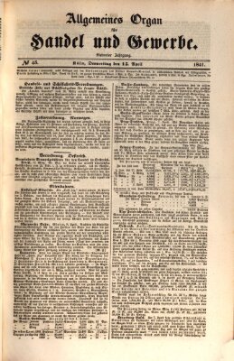 Allgemeines Organ für Handel und Gewerbe und damit verwandte Gegenstände Donnerstag 15. April 1841