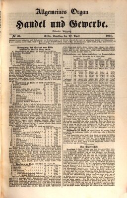 Allgemeines Organ für Handel und Gewerbe und damit verwandte Gegenstände Samstag 17. April 1841