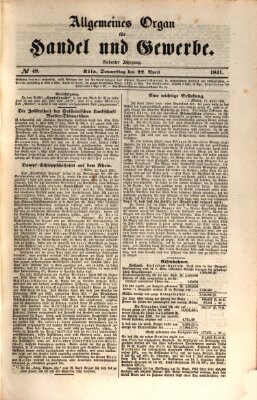 Allgemeines Organ für Handel und Gewerbe und damit verwandte Gegenstände Donnerstag 22. April 1841