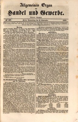 Allgemeines Organ für Handel und Gewerbe und damit verwandte Gegenstände Donnerstag 9. September 1841