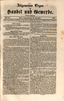 Allgemeines Organ für Handel und Gewerbe und damit verwandte Gegenstände Donnerstag 16. September 1841