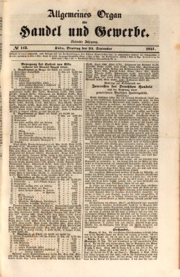 Allgemeines Organ für Handel und Gewerbe und damit verwandte Gegenstände Dienstag 21. September 1841