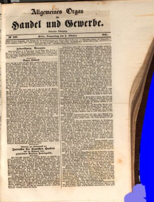 Allgemeines Organ für Handel und Gewerbe und damit verwandte Gegenstände Donnerstag 7. Oktober 1841