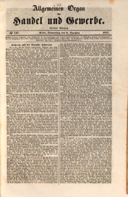 Allgemeines Organ für Handel und Gewerbe und damit verwandte Gegenstände Donnerstag 9. Dezember 1841