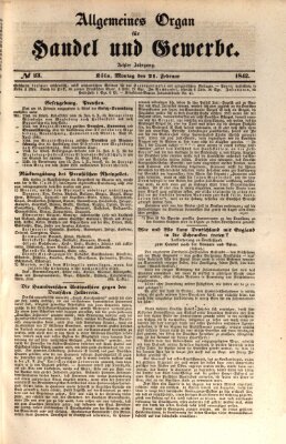 Allgemeines Organ für Handel und Gewerbe und damit verwandte Gegenstände Montag 21. Februar 1842