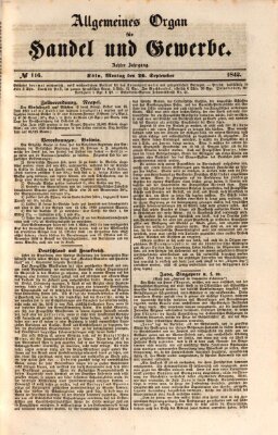 Allgemeines Organ für Handel und Gewerbe und damit verwandte Gegenstände Montag 26. September 1842