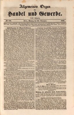 Allgemeines Organ für Handel und Gewerbe und damit verwandte Gegenstände Montag 21. November 1842