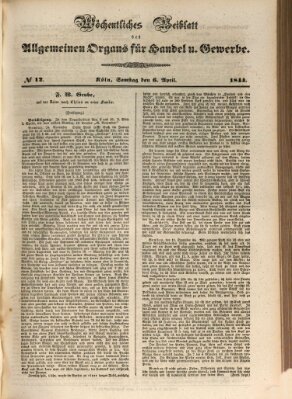 Allgemeines Organ für Handel und Gewerbe und damit verwandte Gegenstände Samstag 6. April 1844