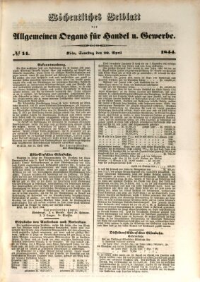 Allgemeines Organ für Handel und Gewerbe und damit verwandte Gegenstände Samstag 20. April 1844