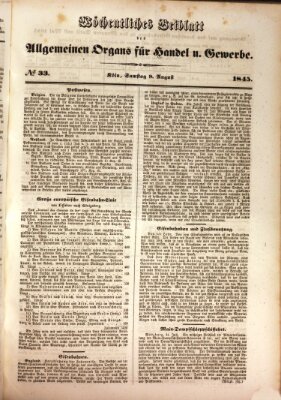 Allgemeines Organ für Handel und Gewerbe und damit verwandte Gegenstände Samstag 9. August 1845